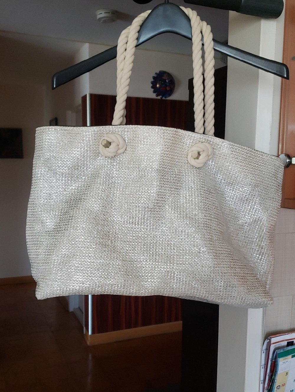 Saks Fifth Avenue Metallic Cream Woven Tote with Rope Handles